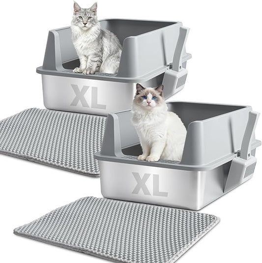 XL Stainless Steel Litter Box 2 Pack, Extra Large High Sided Metal Cat Litter Box with Lid, Scooper & Mat, Easy Clean, Non Stick & No Smell