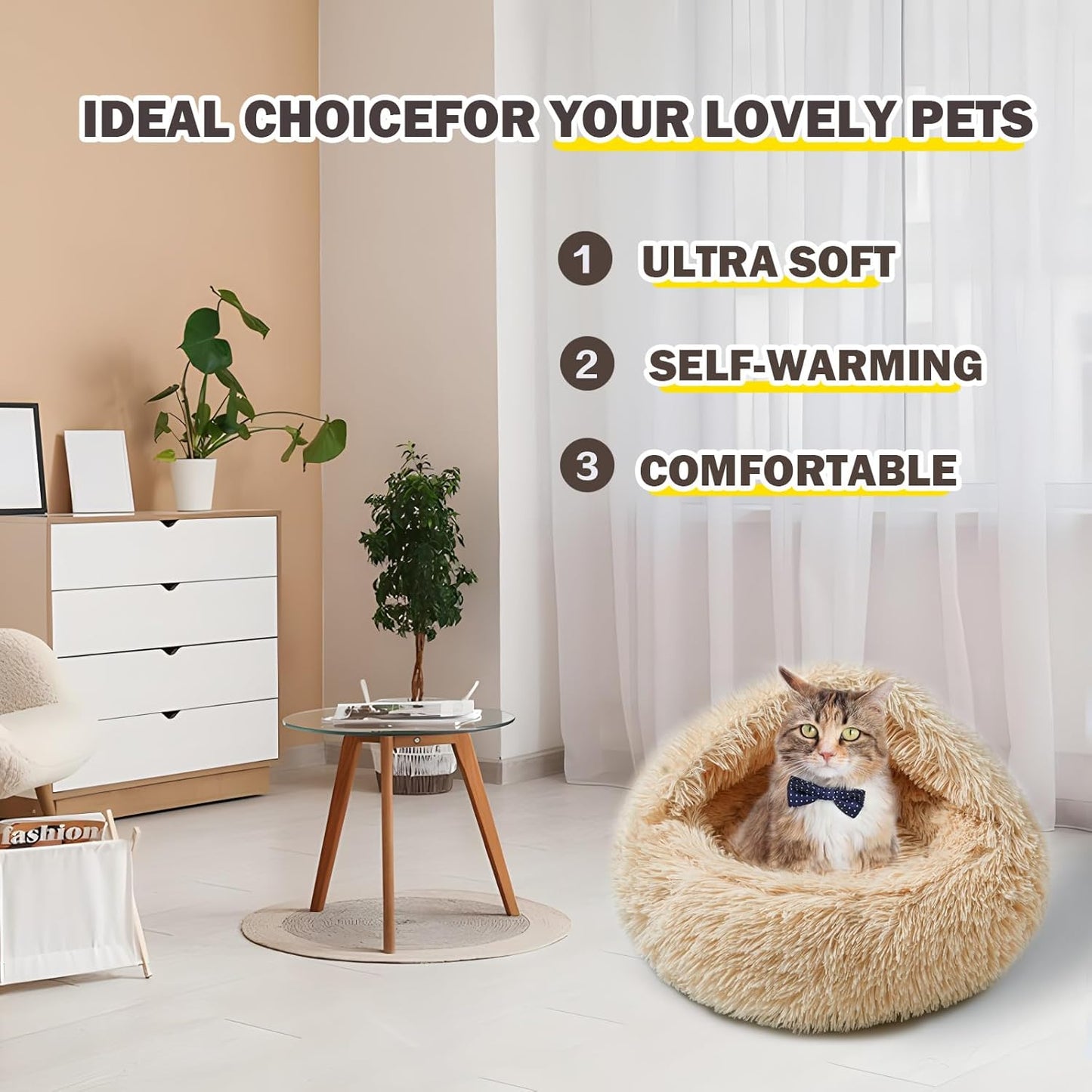 Cat Bed for Indoor Cats, Calming Cozy Cave with Self-Warming Plush, Entire Bed Machine Washable & Anti-Slip Base, Breathable Pet Bed for Small Cats&Dogs All Seasons (Apricot Color, 24 * 24inch) - Pet Explorer