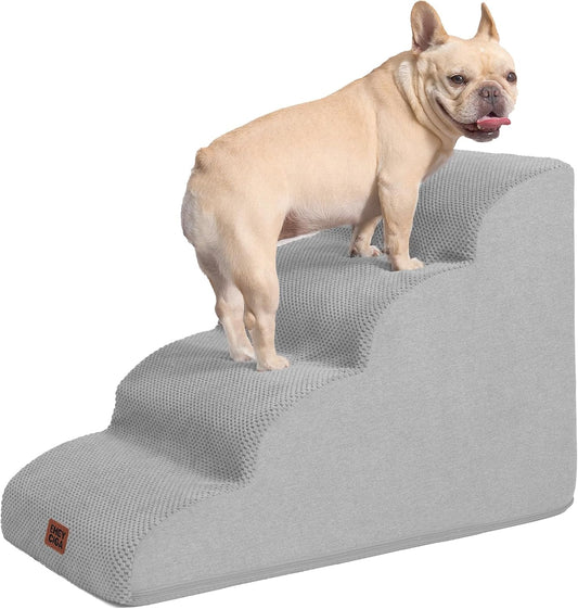 EHEYCIGA Curved Dog Stairs Ramp for High Beds 19.7" H, 4-Step Dog Steps for Small Dogs and Cats, Pet Stairs for High Bed Climbing, Non-Slip Balanced Pet Step Indoor, Light Grey - Pet Explorer