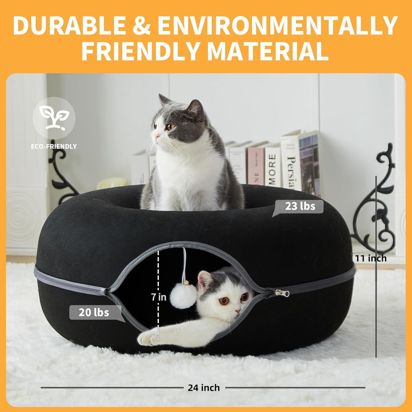 Jia Xi Cat Tunnel Bed - Large Indoor Cat Condo and Cave, 24 inch, Black - Pet Explorer