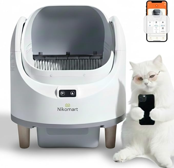 Open-Top Automatic Litter Box, New White Design with App Control & Fragrance Dispenser for a Fresh Home - 68L Self Cleaning Cat Litter Box for Multiple Cats