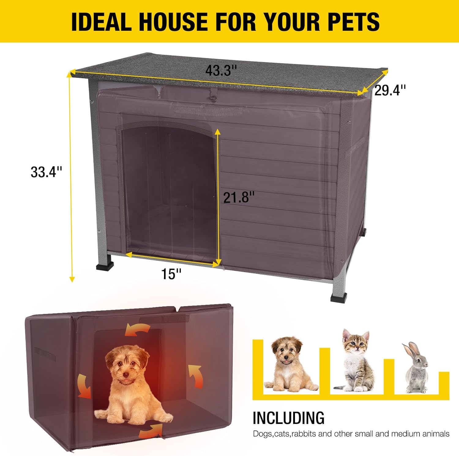 Aivituvin Dog House with Insulated Liner, Outdoor Indoor Weatherproof Dog House for Winter, Suitable for Small & Medium & Large Dogs with Unique All-Around Iron Frame(Grey) - Pet Explorer