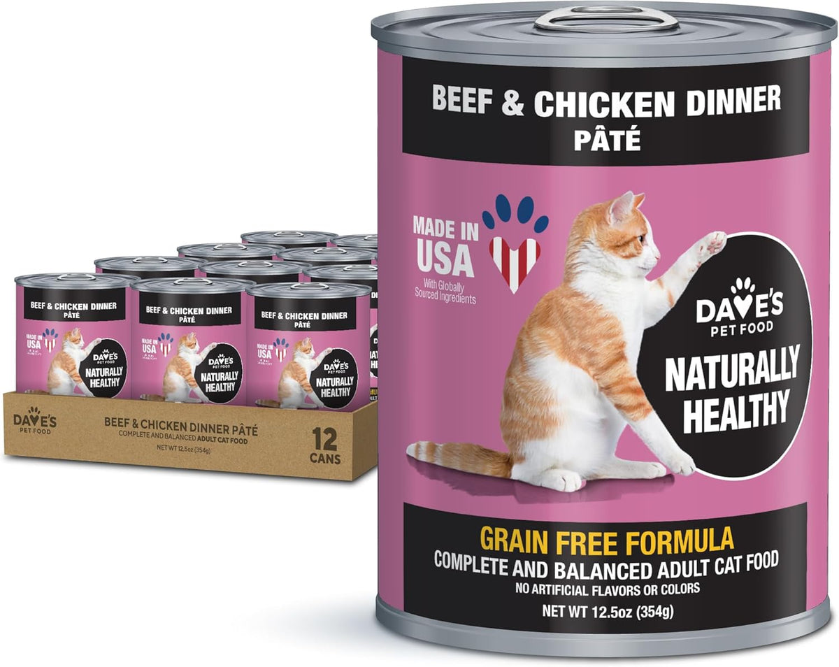 Dave's Pet Food Grain Free Wet Cat Food Pate (Beef & Chicken), Made in USA Naturally Healthy Canned, 12.5 oz Cans (12 Pack)