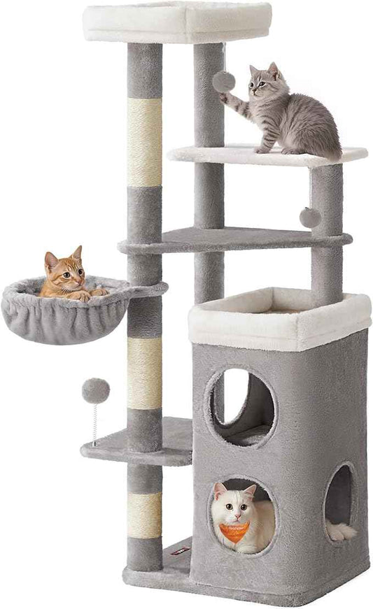 Feandrea Cat Tree, 60-Inch Cat Tower, Multiple-Level Plush Condo with 2 Caves, 3 Scratching Posts, 3 Perches, Dove Gray UPCT007G01