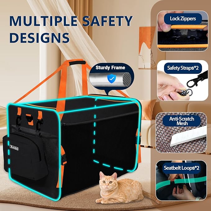 Petskd Extra Large Cat Carrier with Litter Box for Car Travel,24"x17"x17"Portable Soft-Sided Pet Carrier with Zipper Locks for Large Mudium Cats or 2 Small Cats Under 55LBS(Black)