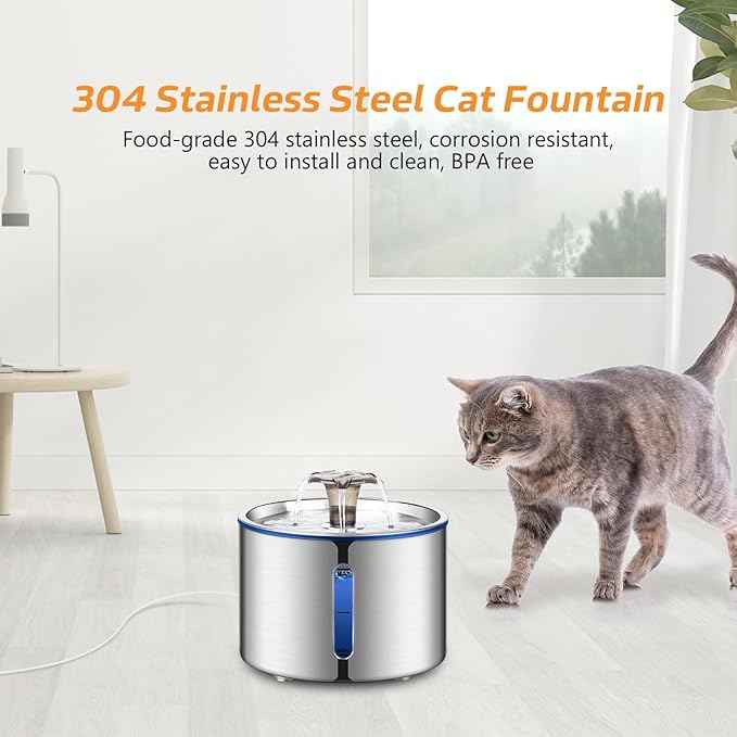 Cat Fountain, 84oz/2.5L Stainless Steel Pet Water Fountain, Automatic Dog Water Dispenser, Water Level Window, Ultra-Quiet Pump, Perfect for Cats, Dogs and Multiple Pets, 4 Filters