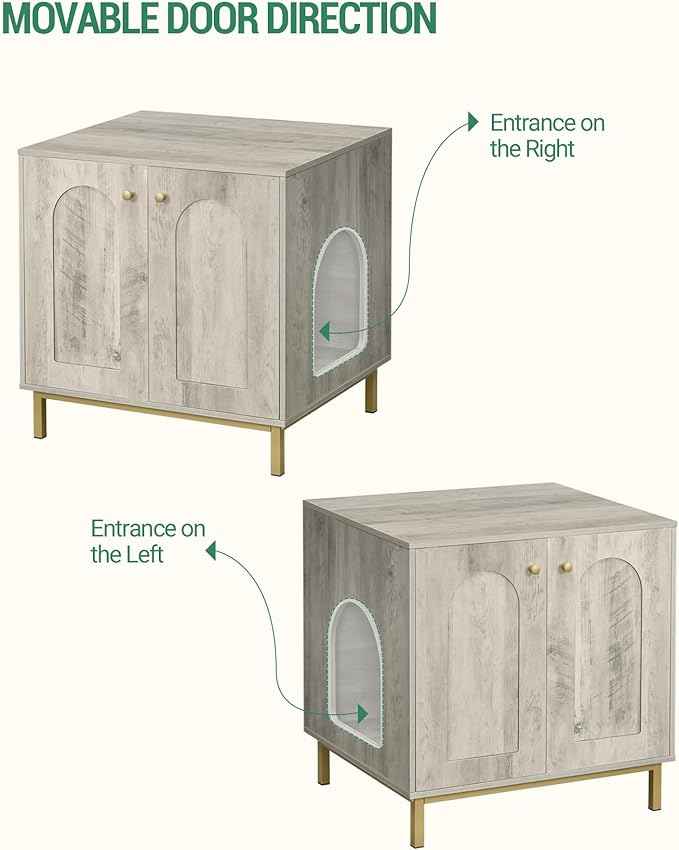 Cat Litter Box Enclosure, Hidden Litter Box Furniture Cabinet, Wooden Indoor Cat House, Side End Table, Living Room, Bedroom, Greige and Gold CB81205G