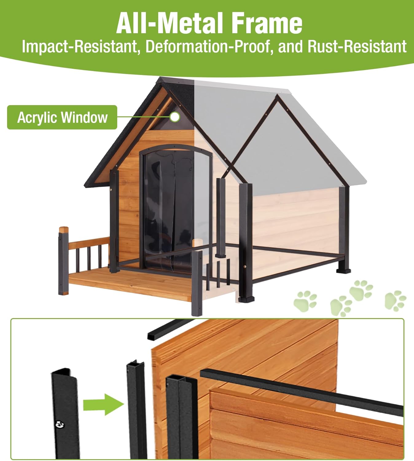 Large Outdoor Dog House Insulated, Weatherproof Dog Kennel with Porch, Anti-Chewing Metal Frame, for Medium to Large Breed - Pet Explorer