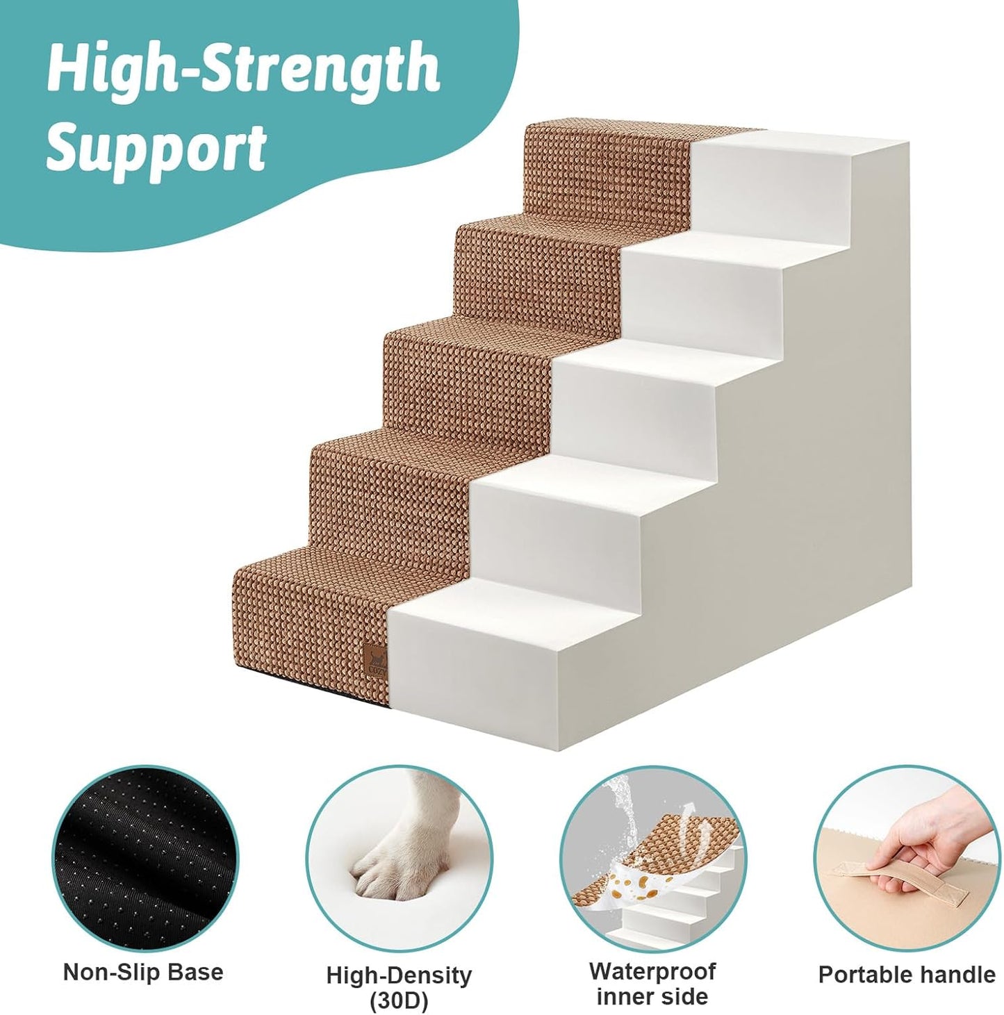 Dog Stairs for Small Dogs, 5 Tier Wider Pet Stairs for High Beds, 23.6" H Non-Slip Dog Steps for Old Cats, Puppies, Small Medium Dogs, 29.5x19.7x23.6 inch, Light Brown - Pet Explorer