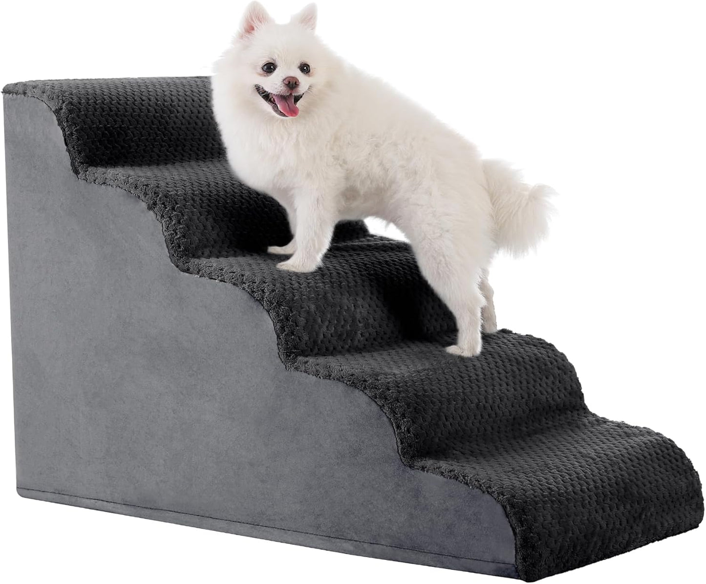 MIHIKK Dog Stairs Ramp, Curved 5-Step Dog Steps for Small Dogs and Cats, Pet Stairs for High Beds and Couch with Anti-Slip Washable Cover and Durable High Density Foam, Dark Grey - Pet Explorer