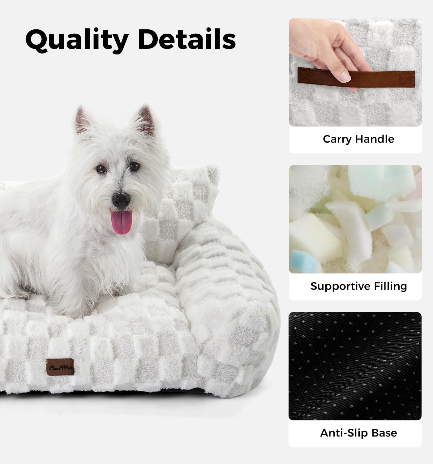 Made4Pets Cat and Dog Couch Bed, Soft Faux Fur Checkered Pet Sofa, Cozy Fluffy Pet Sofa with Supportive Foam, Removable Washable Cover with Non-Slip Base, White, Medium - Pet Explorer