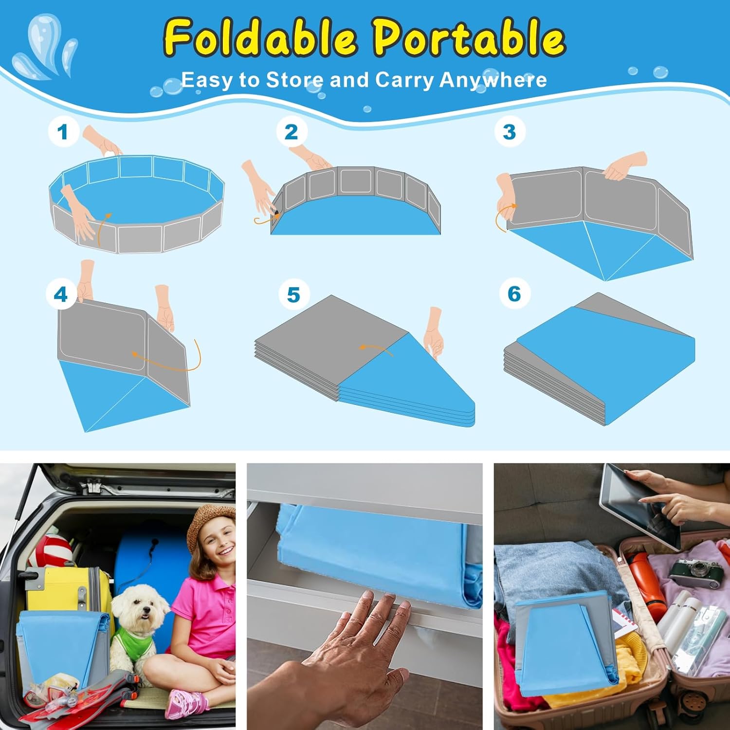 Foldable Dog Pool, 63" Kiddie Pool Hard Plastic, Portable Dog Swimming Pool for Large Dogs, Collapsible Pet Wading Pool & Bath Tub Outdoor Kids Pool Anti-Slip - Pet Explorer