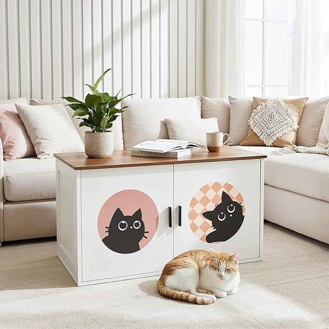 HOOBRO Hidden Litter Box Furniture, Large Cat Litter Box Enclosure Furniture, Wooden Litter Box Cabinet with Cute Cat Patterns & Arched Entrance, 31.3" L x 17.7" W x 17.3" H, White & Walnut