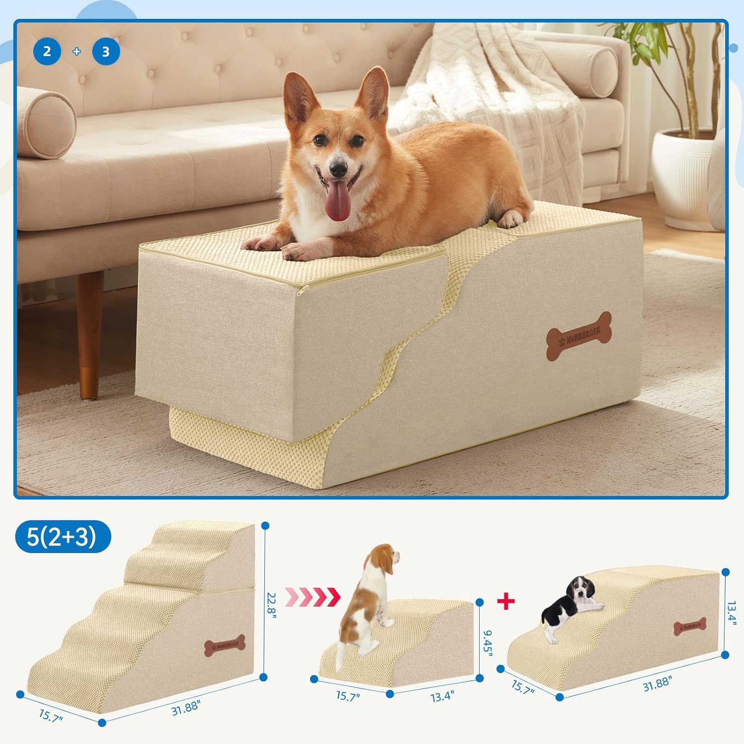 5-Step Spliceable Pet Stairs: Indoor& Outdoor Multi-Use with a Removable Cover and a Pocket, Best for Small Pets and Older Dogs Who Has Spine and Arthritis Issues to Get on High Beds, Beige（22.8" H） - Pet Explorer