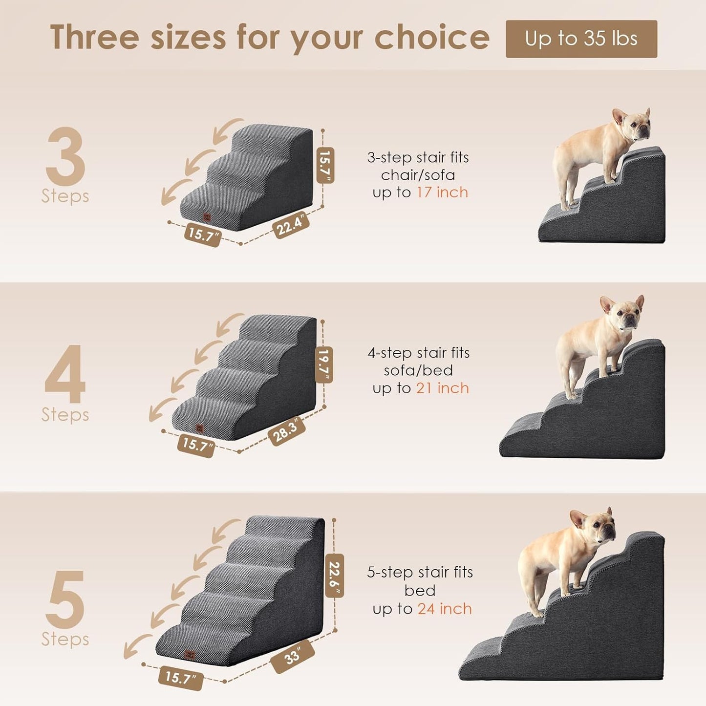 EHEYCIGA Curved Dog Stairs Ramp for Small Dogs 15.7" H, 3-Step Dog Steps for Couch Sofa and Chair, Pet Stairs for Cats, Non-Slip Balanced Pet Steps Indoor, Grey