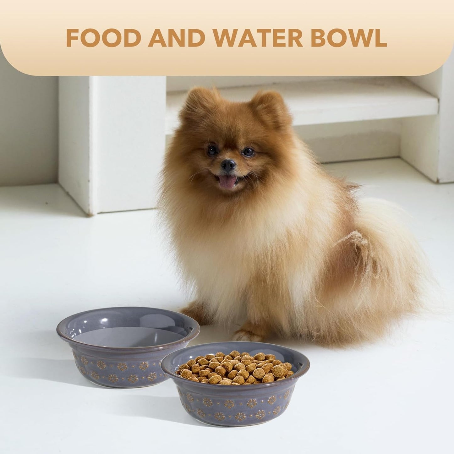 6.3inch Ceramic Set of 2 Dog Bowls, Food and Water Bowls for Small and Medium Dog, 2pcs Basic Dog Bowl, Wide Opening Rounded Edge (2 Bowls, Reactived Glaze -Grey) - Pet Explorer