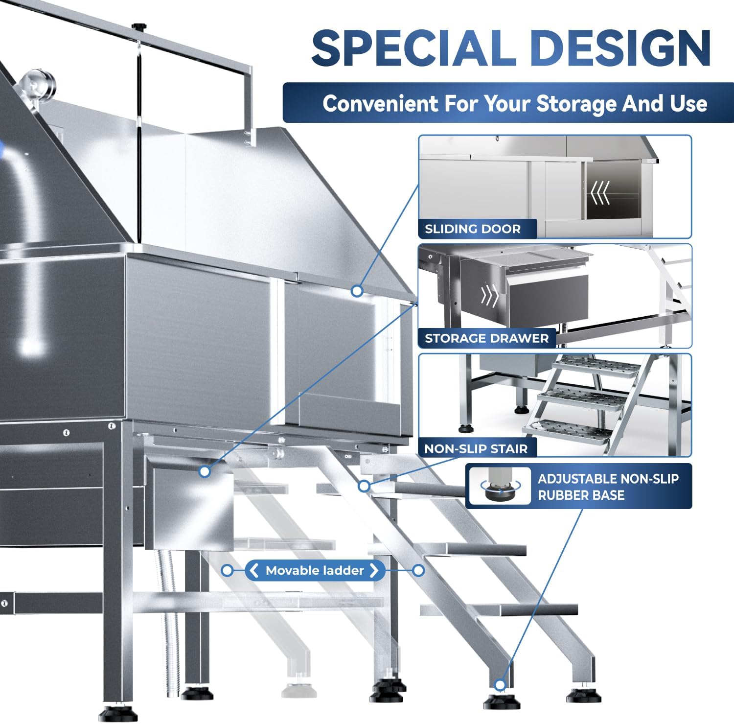 Professional 46" Dog Washing Station, Stainless Steel Dog Bathing Station, Height Adjustable Dog Wash Station, Storage Drawer, Upgrade Parts, Home, Commercial (Right Step) - Pet Explorer