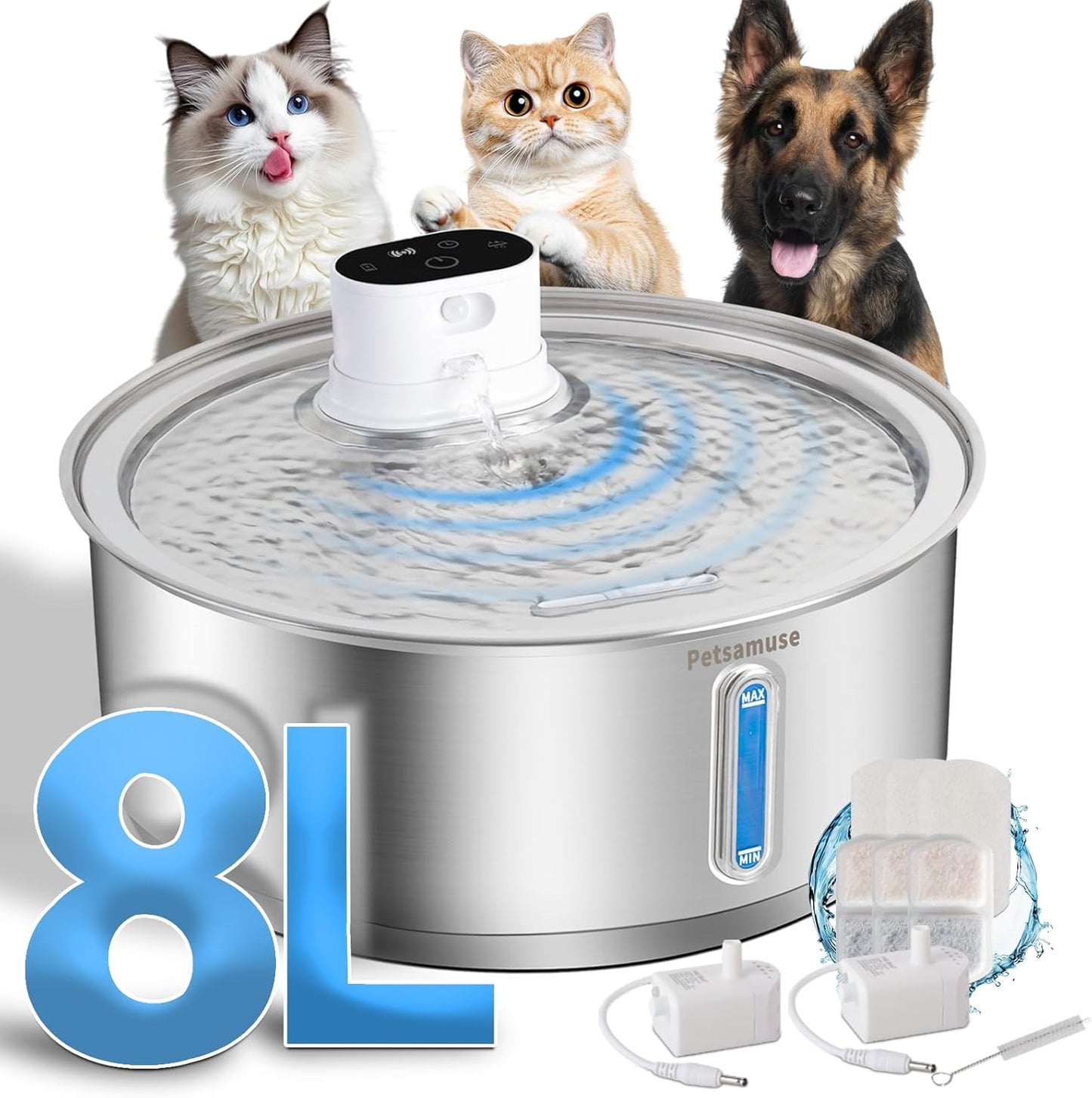 Wireless Dog Water Fountain, 2.1Gal/8L Battery Operated Stainless Steel Pet Water Fountain Motion Sensor Dog Water Bowl Fountain Large Dog Bowl Inside with 3 Filters and 2 Ultra Quiet Pumps - Pet Explorer