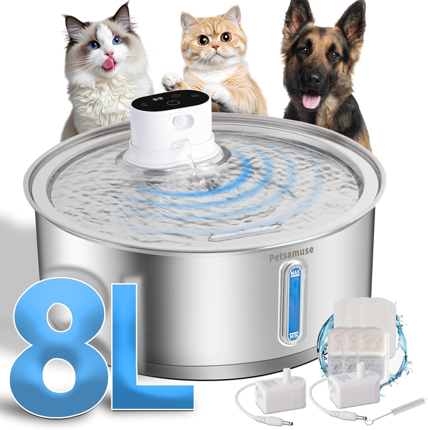 Wireless Dog Water Fountain, 2.1Gal/8L Battery Operated Stainless Steel Pet Water Fountain Motion Sensor Dog Water Bowl Fountain Large Dog Bowl Inside with 3 Filters and 2 Ultra Quiet Pumps - Pet Explorer