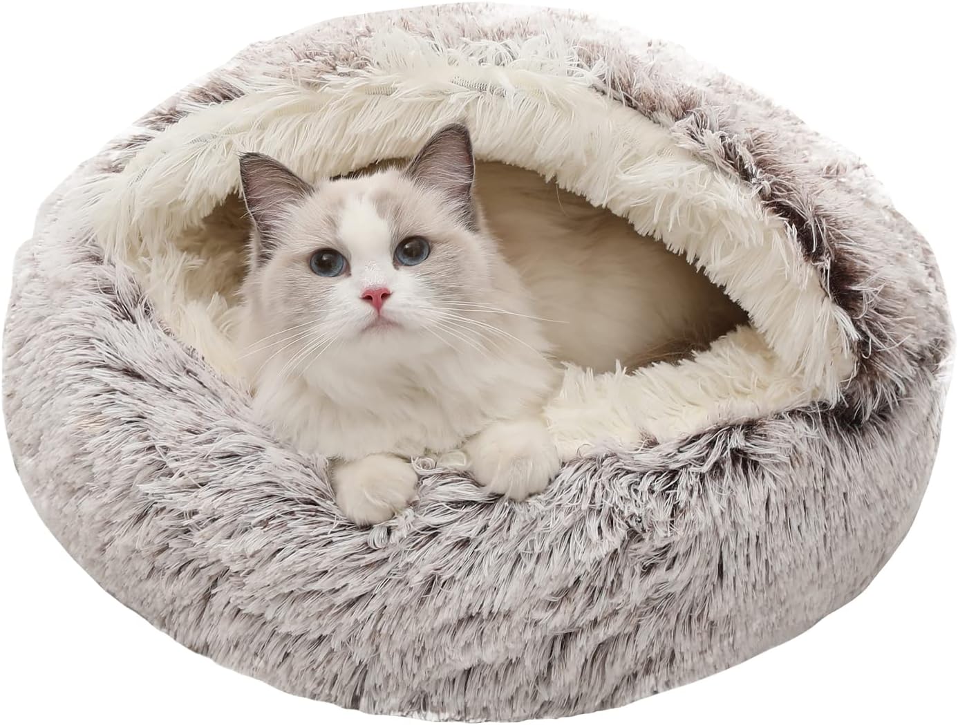 Calming Dog Beds & Cat Cave Bed with Hooded Cover,Removable Washable Round Beds for Small Medium Pets,Anti-Slip Faux Fur Fluffy Coved Bed for Improved Sleep,Fits up to 15/25 lbs (Small,20"x20") - Pet Explorer
