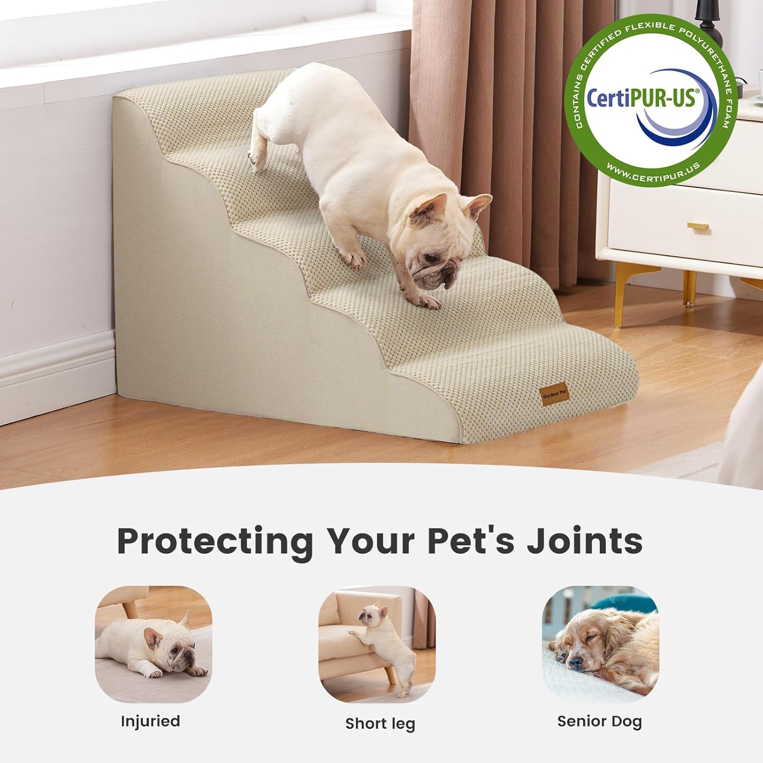 Gardner Pet Dog Stairs for Small Dogs 22.8" H, 5-Step Beige Curved Pet Stairs, Dog Steps for High Bed, Couch (24-30 in) with Durable Non-Slip Waterproof Fabric Cover and CertiPUR-US Certified Foam - Pet Explorer