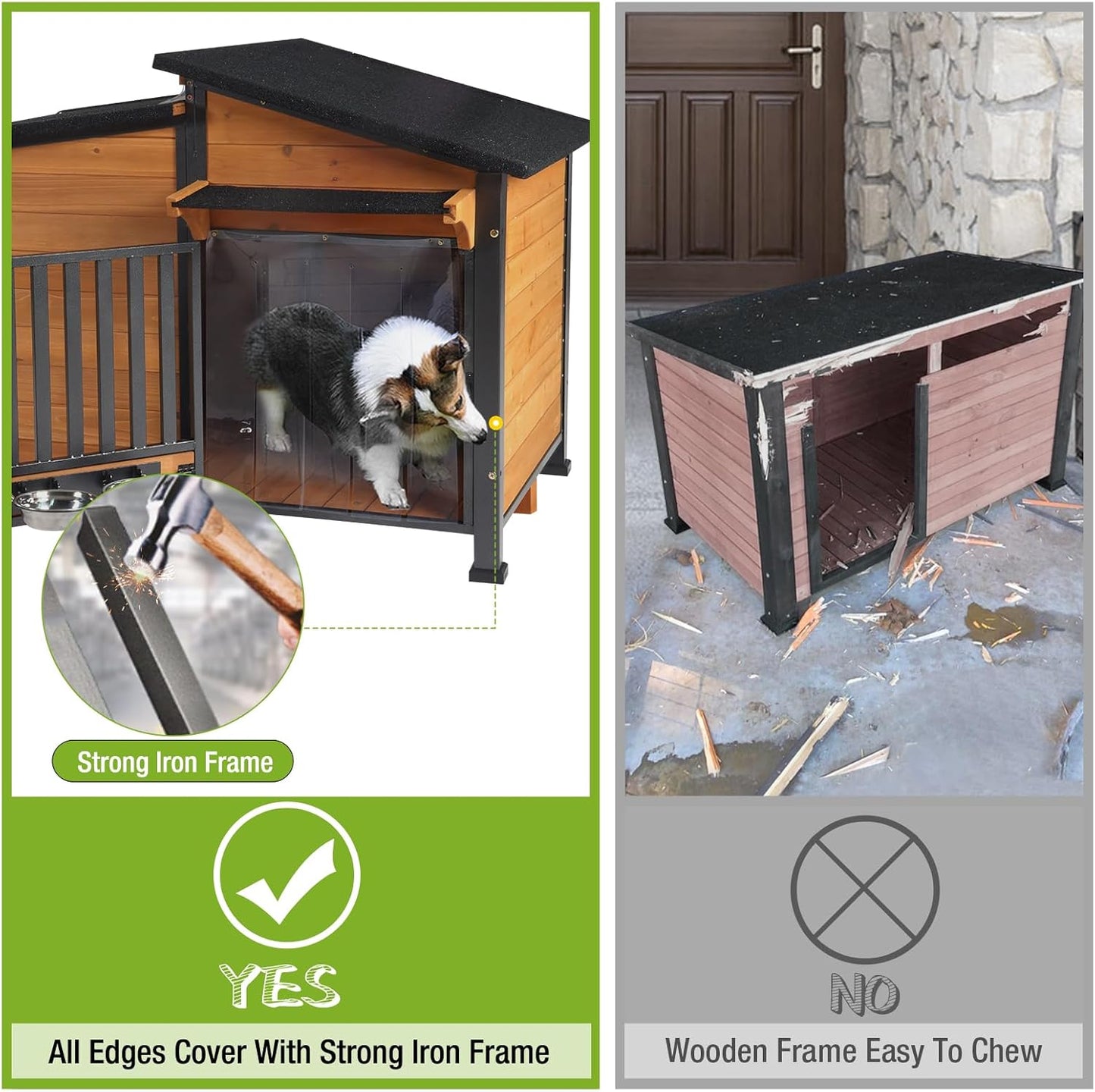 GUTINNEEN Dog House Outdoor Dog Kennel with Chew-Proof Metal Frame, Rotating Food Bowl, PVC Door Curtain, Weatherproof for Small Medium Dogs, 39.7" L x 25.5" W x 32.2" H (Dark Brown) - Pet Explorer