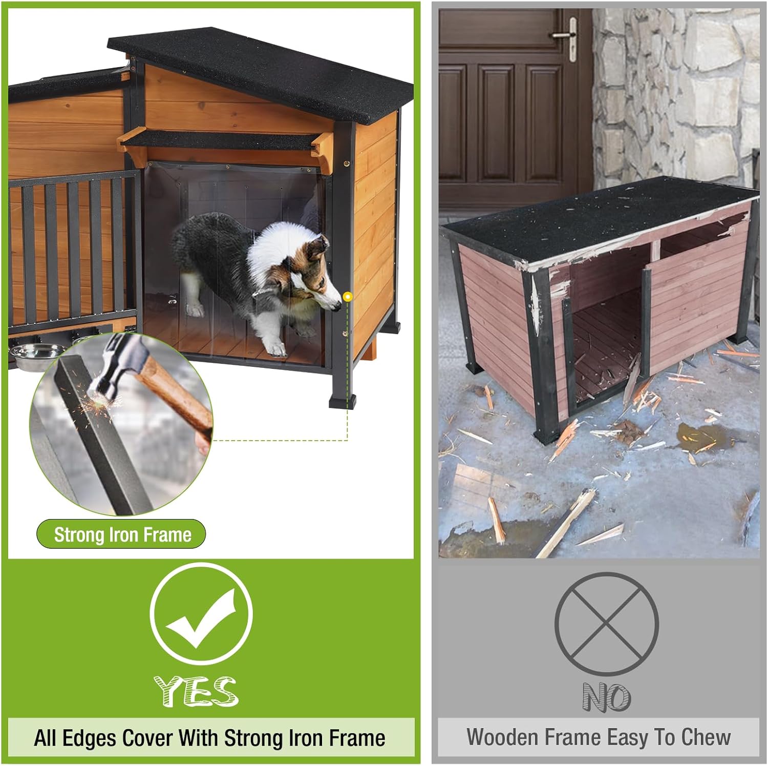 GUTINNEEN Dog House Outdoor Dog Kennel with Chew-Proof Metal Frame, Rotating Food Bowl, PVC Door Curtain, Weatherproof for Small Medium Dogs, 39.7" L x 25.5" W x 32.2" H (Dark Brown) - Pet Explorer