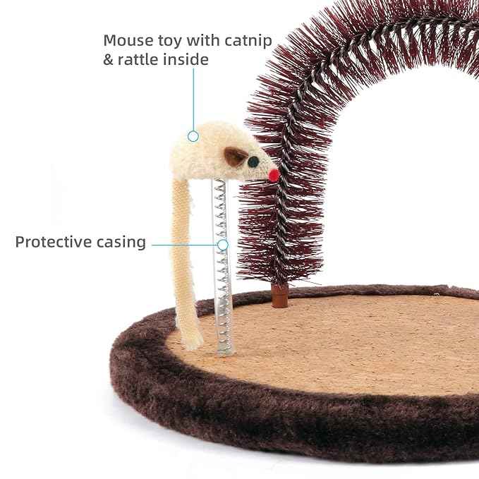 Happi N Pets Original Cat Self Groomer, Arch Grooming Brush wtih Heavy Wooden Scratching Pad, Rubbing Post & Toy, Cat Face Scratchers Body Massager, Cat Scratchers for Indoor Cats, Brown