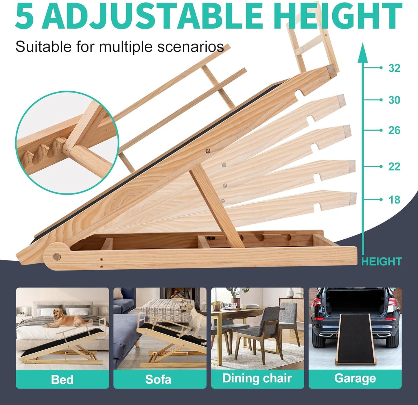 Dog Ramp, 5 Level Adjustable Height Folding Pet Ramp for High Bed, Portable Paw Ramps Large Bed Ramp for Medium & Large Old Dogs & Cats - Natural Wood Furniture Quality - Pet Explorer