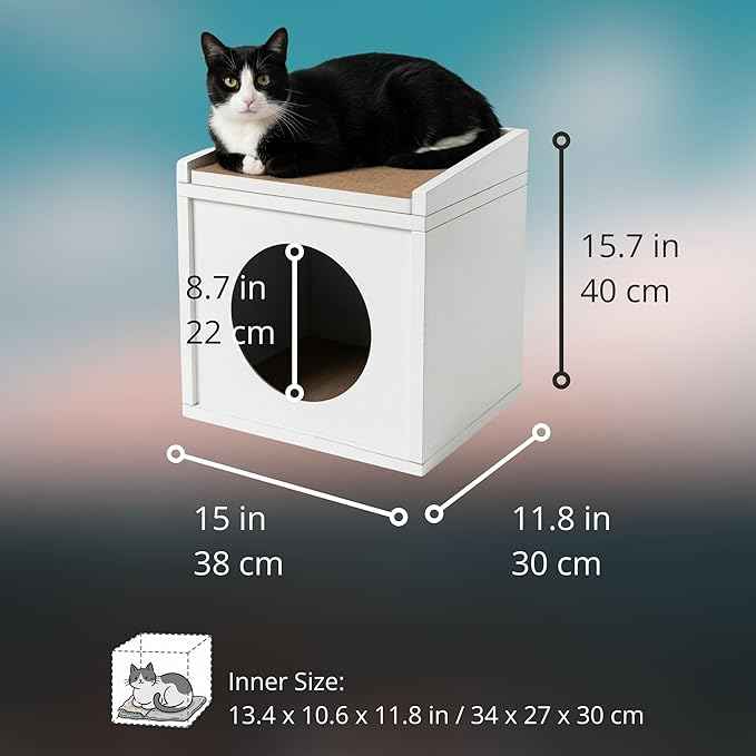 Meowdium Cat House – Cat Condo with Cardboard Scratcher, Scratching Post, Bed & Toy Storage, Cozy Cat Furniture & Accessories for Indoor Cats, White