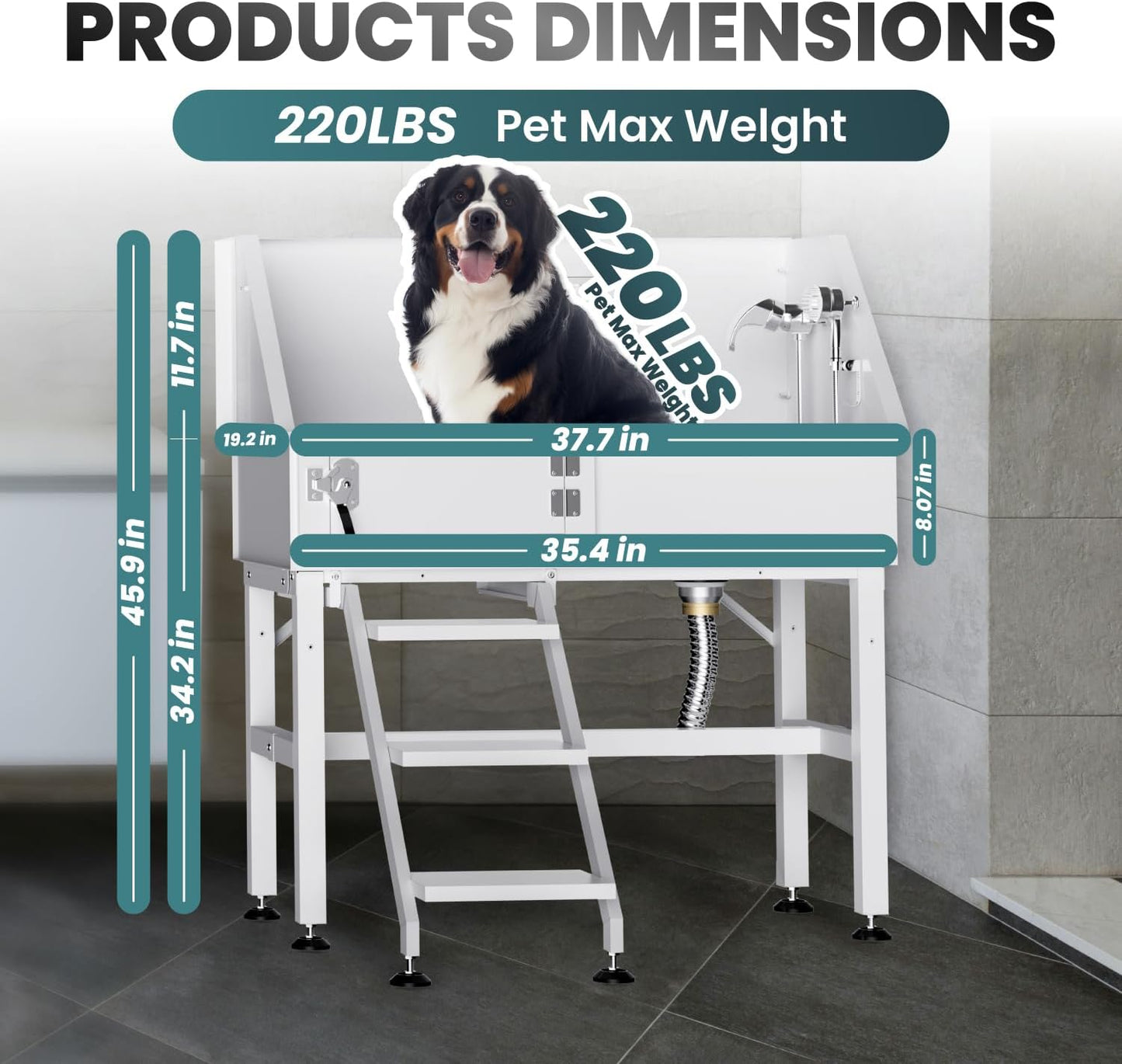 38" Dog Washing Station, Professional Stainless Steel Dog Bathing Station Dog Bathtub for Large & Medium Dog, Height Adjustable Dog Grooming Tub with Storage Basket, Movable Stair (Left Stair) - Pet Explorer