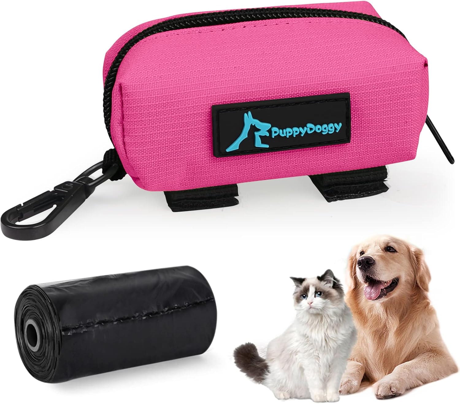 PuppyDoggy 1 Pack Poop Bag Holder for Dogs & Cats Waste Bag Dispenser Pouch with 1 Roll of Free Poop Bags - Dog Leash Accessory & Bicycle (Pink) - Pet Explorer