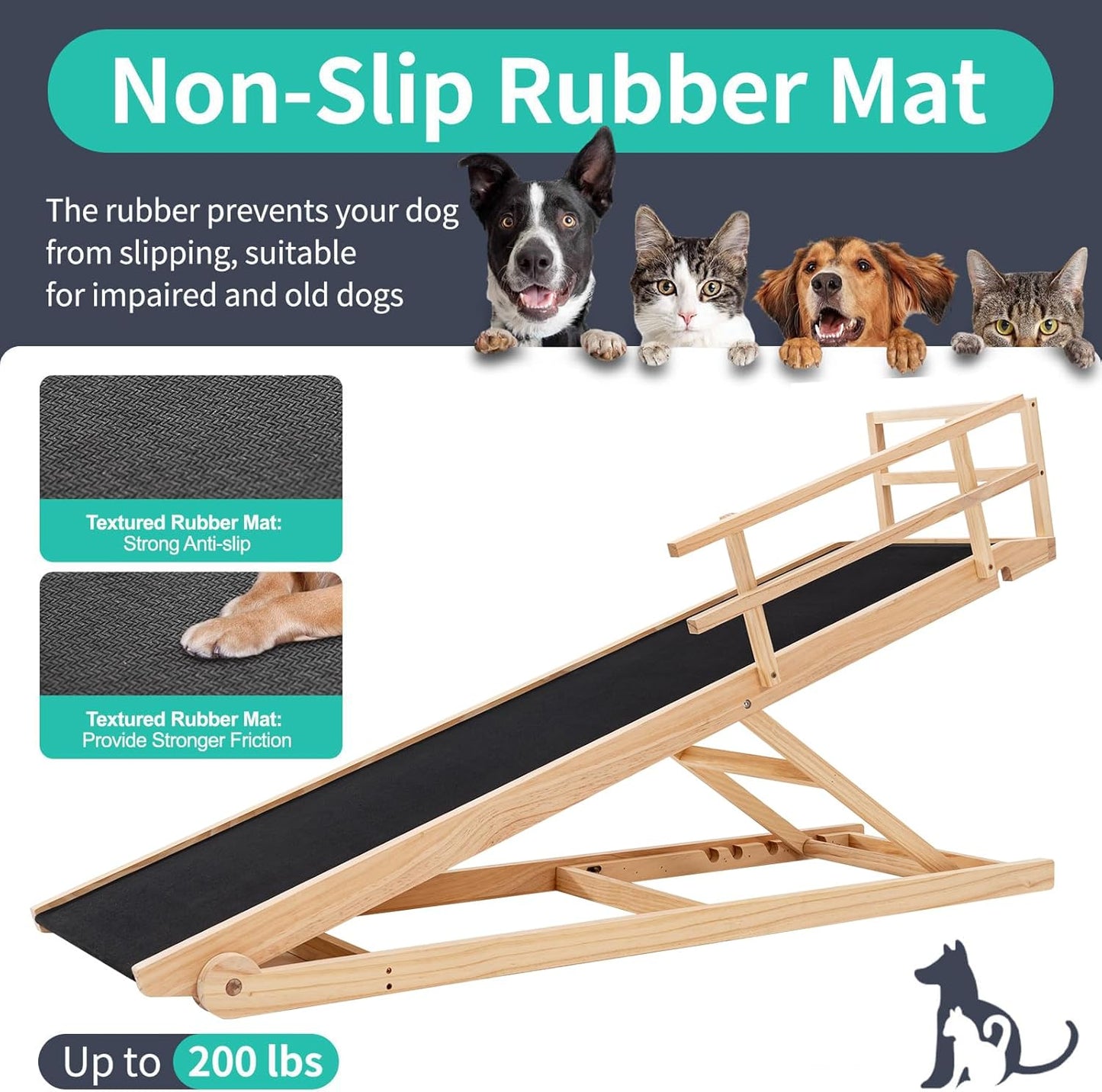 Dog Ramp, 5 Level Adjustable Height Folding Pet Ramp for High Bed, Portable Paw Ramps Large Bed Ramp for Medium & Large Old Dogs & Cats - Natural Wood Furniture Quality - Pet Explorer