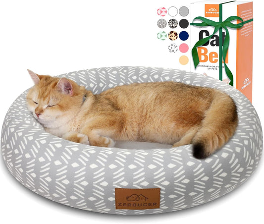 Cat Bed, 20In Dog Beds for Small Dogs, Calming Cat & Dog Beds for Indoor Pets, Pet Beds Comfortable Donut Round Ultra Soft (Grey Pattern, 20.0" L x 20.0" W x 6.5" Th) - Pet Explorer