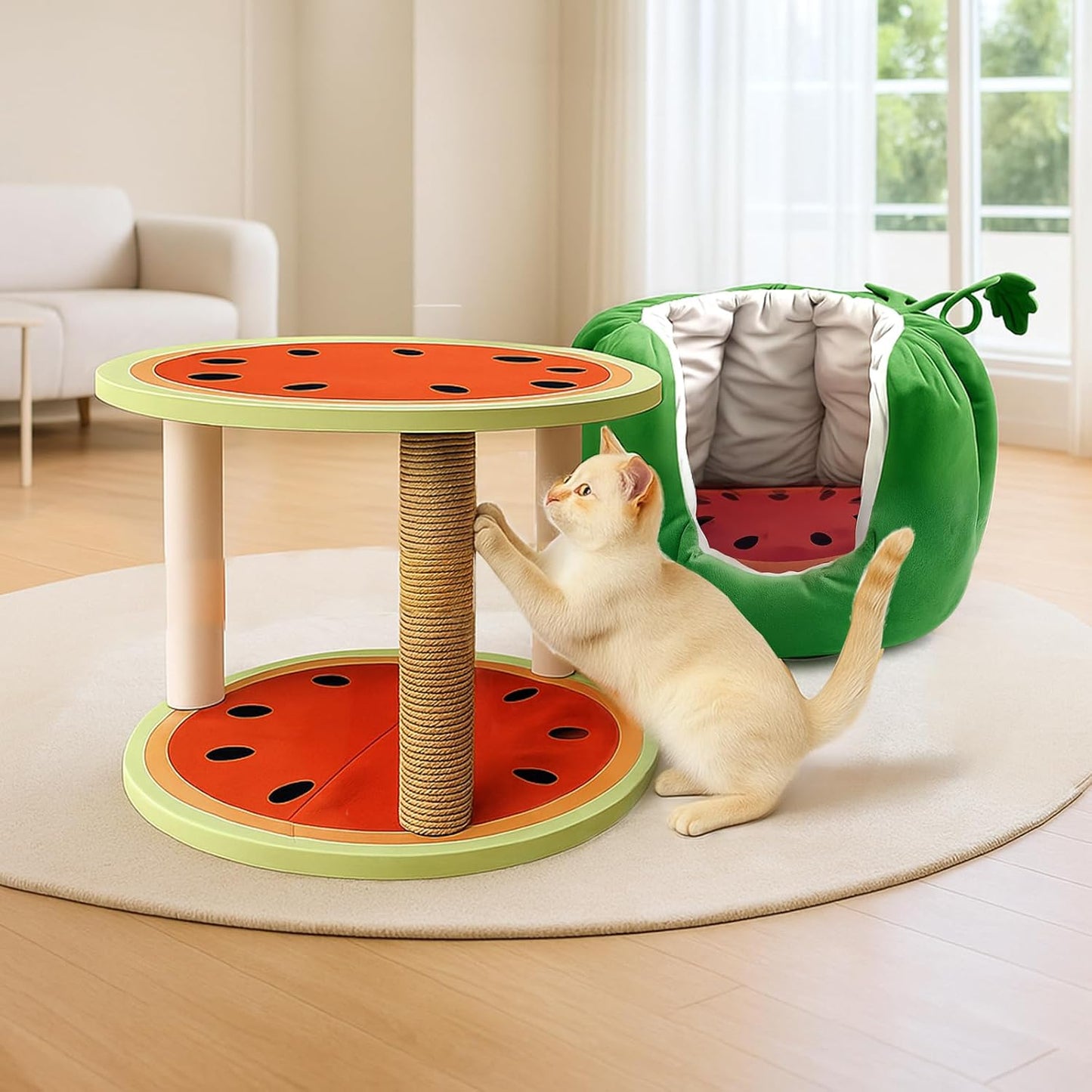Cat Houses for Indoor Cats, Small Cat Tree with Sisal Ropes and Plush Perch, Cute Cat Bed Cave with Soft Pillow, Watermelon Design - Pet Explorer