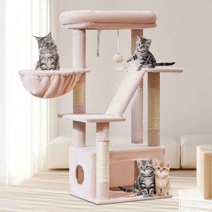 Taoqimiao Cat Tree,38.5-Inch Cat Tower for Indoor Cats,Suitable for Kittens with Luxurious cat condo with Adjustable Baskets and Luxurious Perch MS029SP Jelly Pink