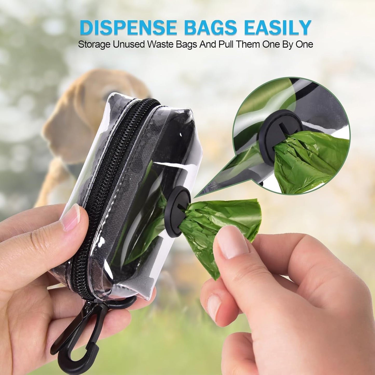 Clear Metal Dog Waste Bag Dispenser & Holder - Portable, 1 Hand Free, Fits Leash Accessory, Set Includes Dog Poop Bags - Pet Explorer