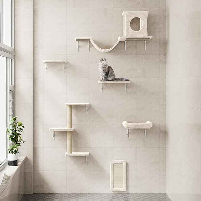 NUNU LAB Wall Mounted Cat Wall Shelves, 12-in-1 Cat Wall Climber with Condos House, Scratching Post, Bridge Ladder, Indoor Space-Saving Furniture for Kittens Play, Beige