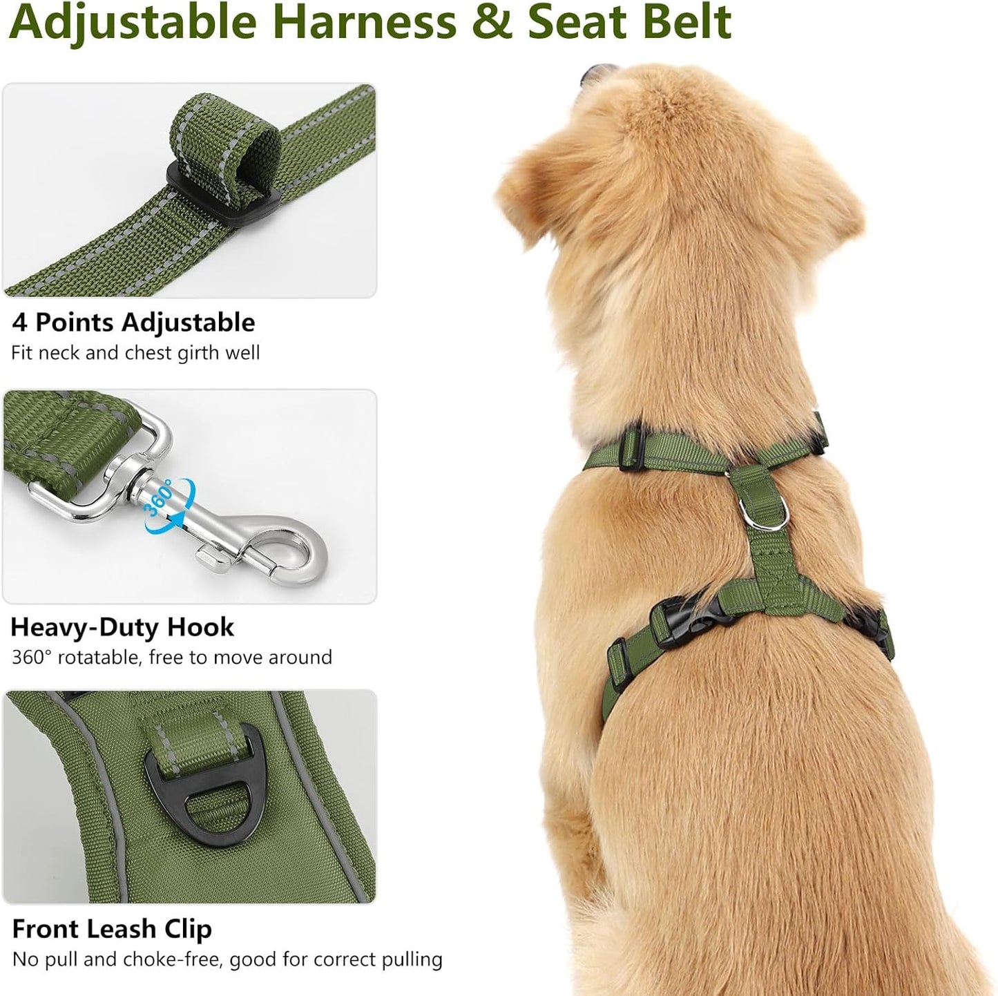 Dog Seat Belt Harness for Car, Dog Car Harness Adjustable Mesh Breathable & Dogs Seatbelt Safety Tether with Elastic Bungee for Small Medium Large Pets(Army Green, S) - Pet Explorer