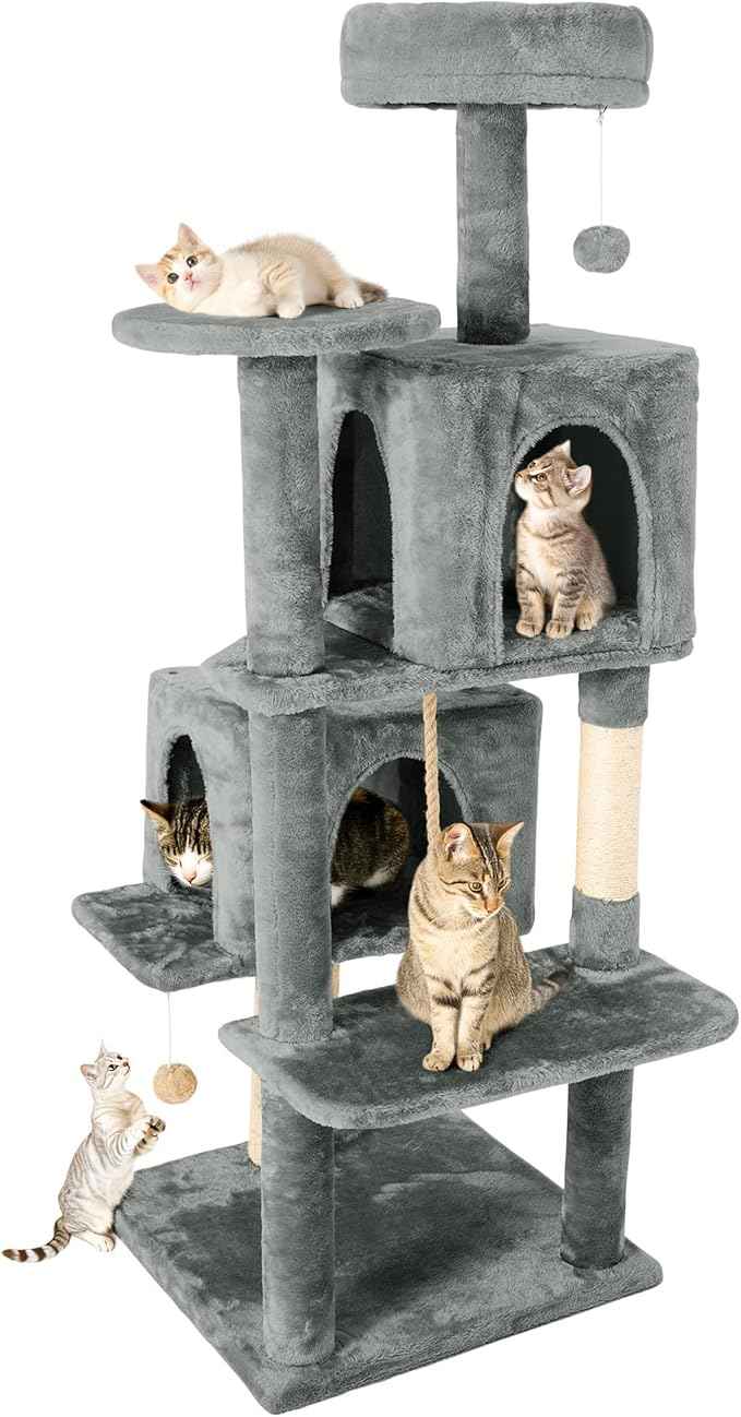 58in Large Cat Tree Tower for Indoor Cats with Soft Plush Hang Ball, Two Condos, Sisal Scratch Posts & Rope Play for Kittens/Adult Cats, Grey