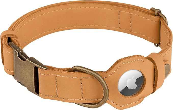 AirTag Dog Collar - Genuine Leather Dog Collar with Apple AirTag Holder and Metal Buckle - Smart GPS Tracking Pet Collars (Light Brown, XL, 20"-25" Neck Fit)