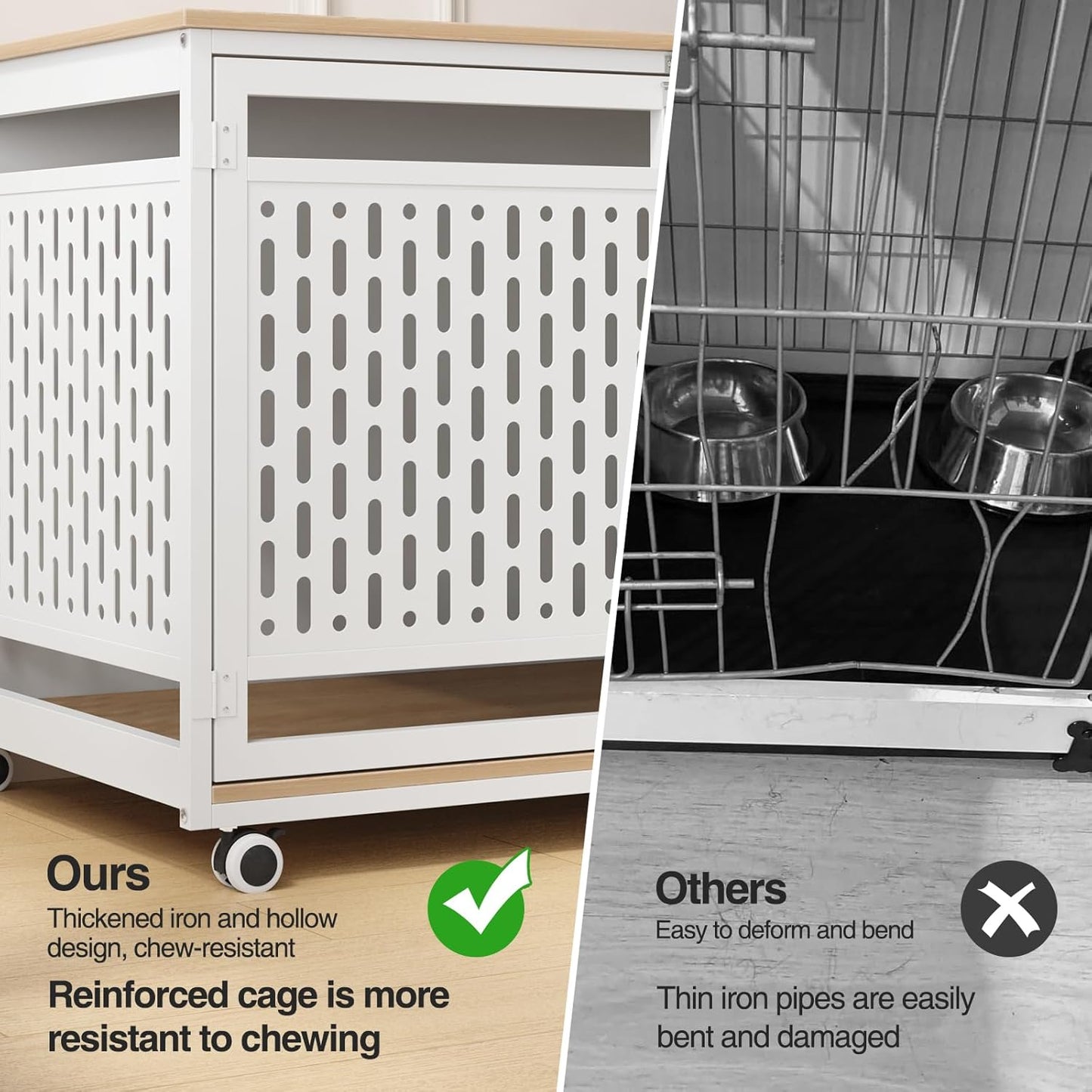 40.1" Dog Crate Furniture for Medium/Large Breed, Dog Kennel Furniture with Wheels, Heavy Duty Wooden End Side Table Pet Cage Indoor, Chew-Resistant, White