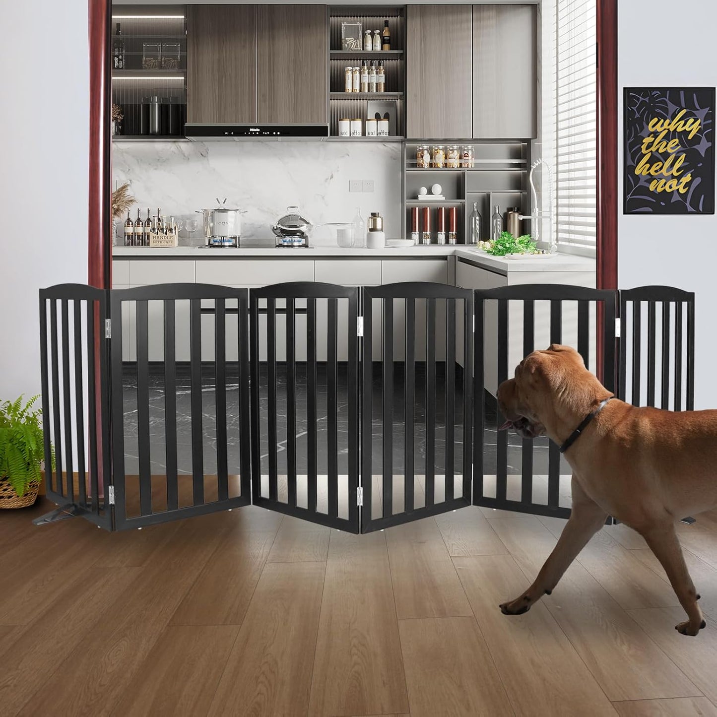 ZJSF Foldable Freestanding Indoor Dog Gate for House Wood Long Pet Gates Dog Fence for Stairs Puppy Gates for Hallways, Puppy Gate,Support Feet Included, Black, 32 "Height-6 Panels