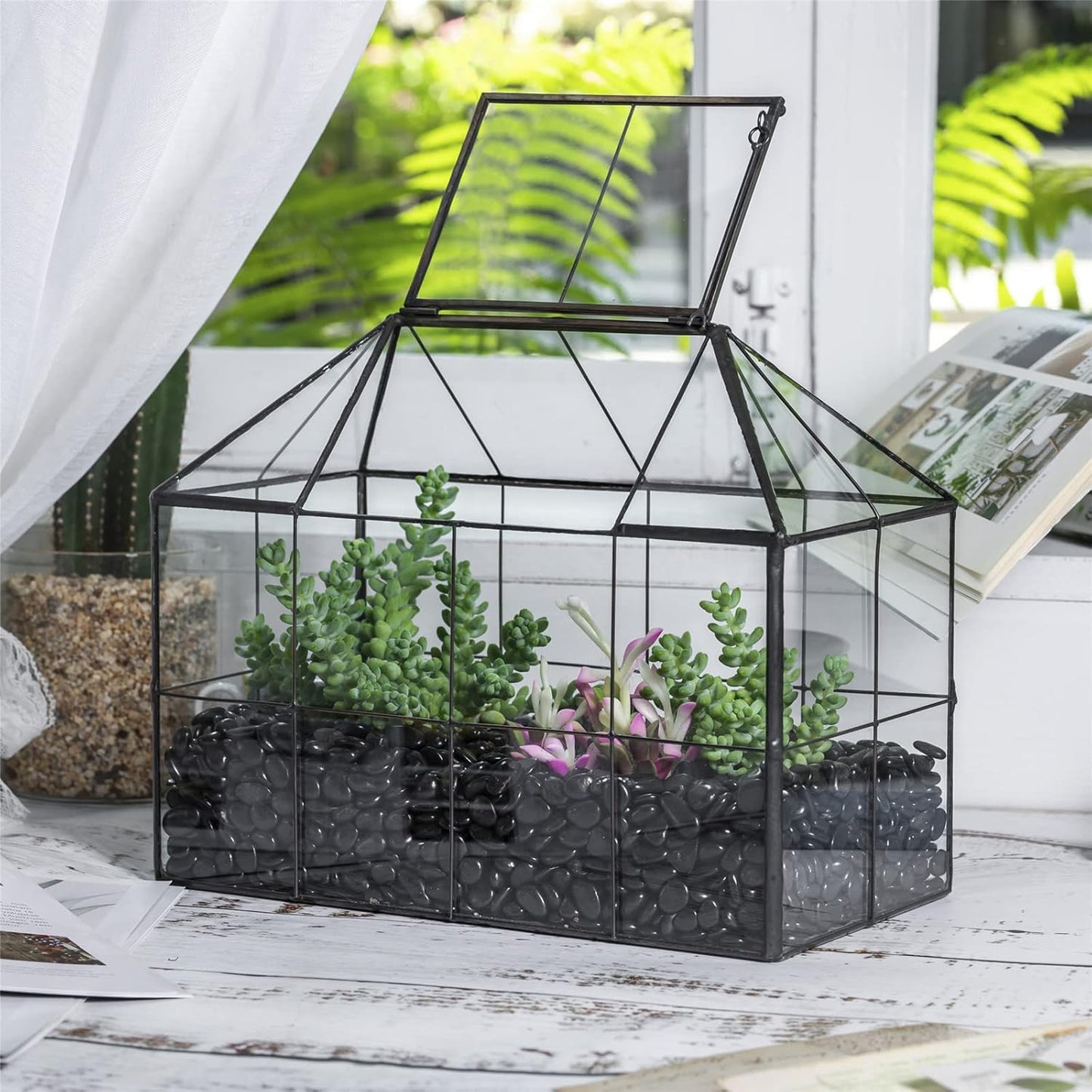 NCYP Glass Terrarium Planter with Lid for Small Succulent Cacti, Grid House Shape Black Geometric Terrarium Pot, Home Garden Indoor Tabletop Decor, 9.84" x 5.31" x 7.87" (No Plants) - Pet Explorer