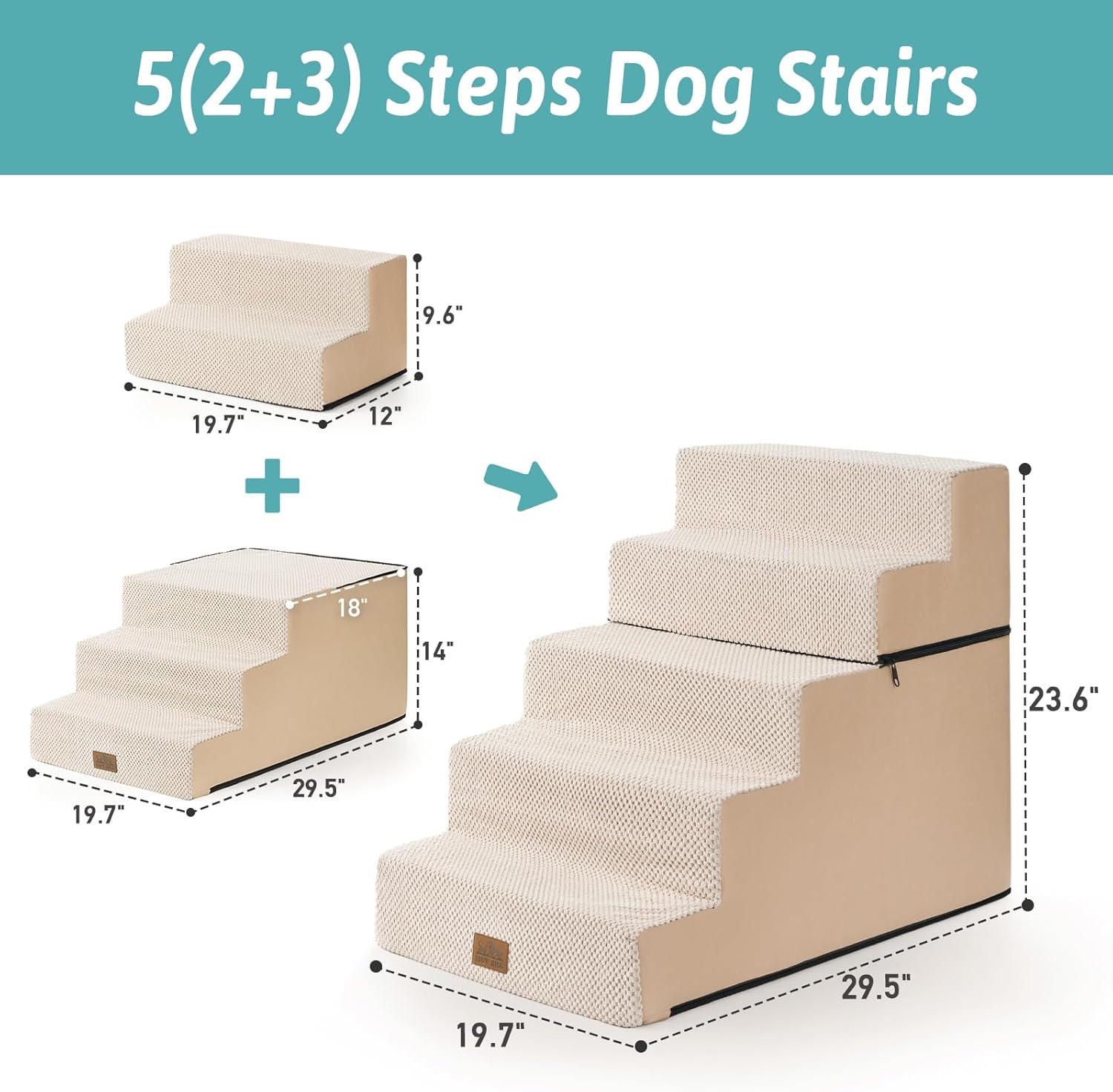 Dog Stairs for Small Dogs, 5 Tier Removable Wider Pet Stairs for Couch and Bed, 23.6" H Non-Slip Dog Steps for Puppies and Old Cats with Support Board, 29.5x19.7x23.6 inch, Beige - Pet Explorer