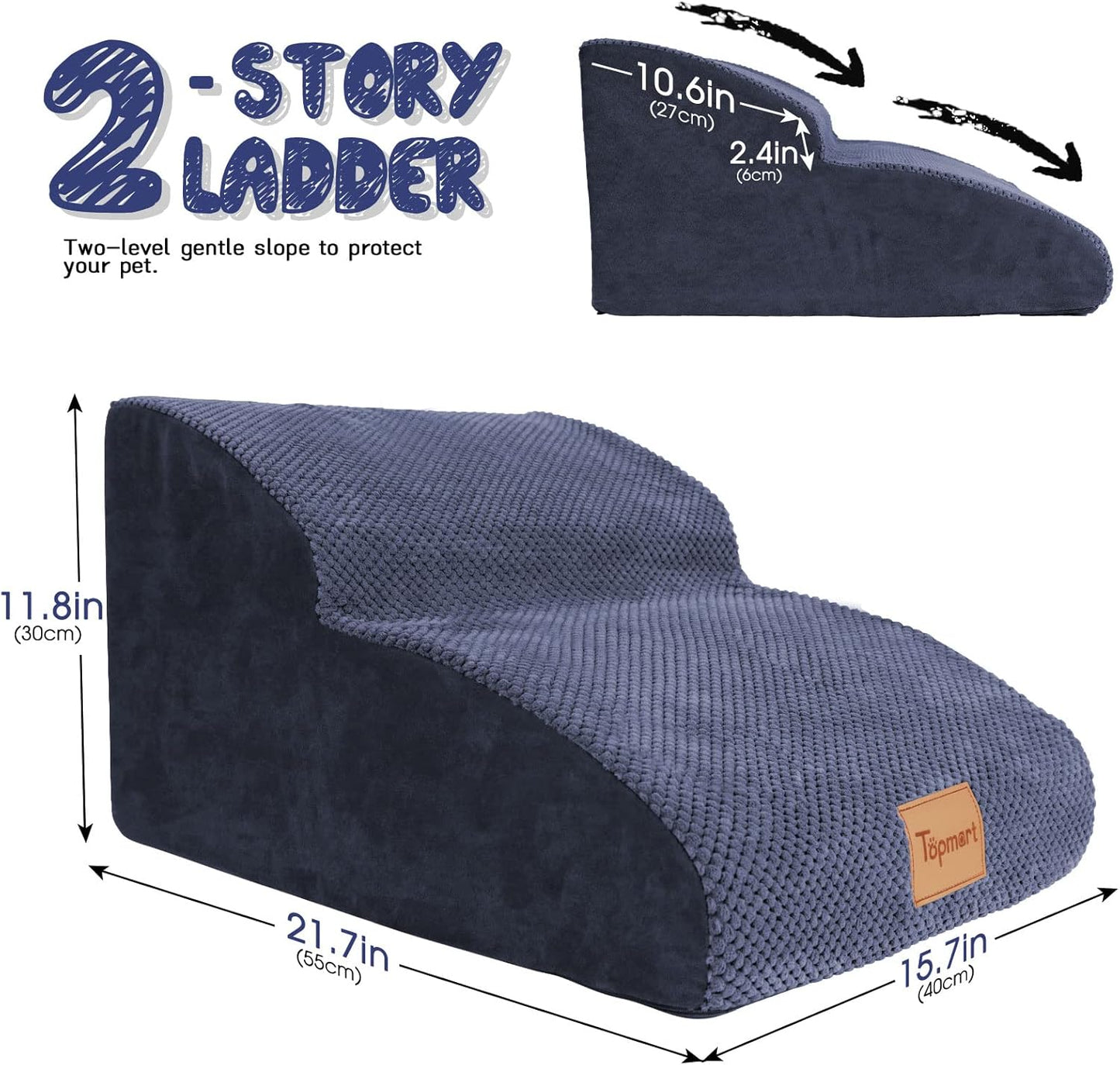 Topmart High Density Extended Foam Dog Ramp&Steps 2 Tiers,11.8" High,Non-Slip Dog Stairs,Soft Foam Pet Ladder with Waterproof Cover,Best for Injured,Older Cats,Pets with Joint Pain - Pet Explorer