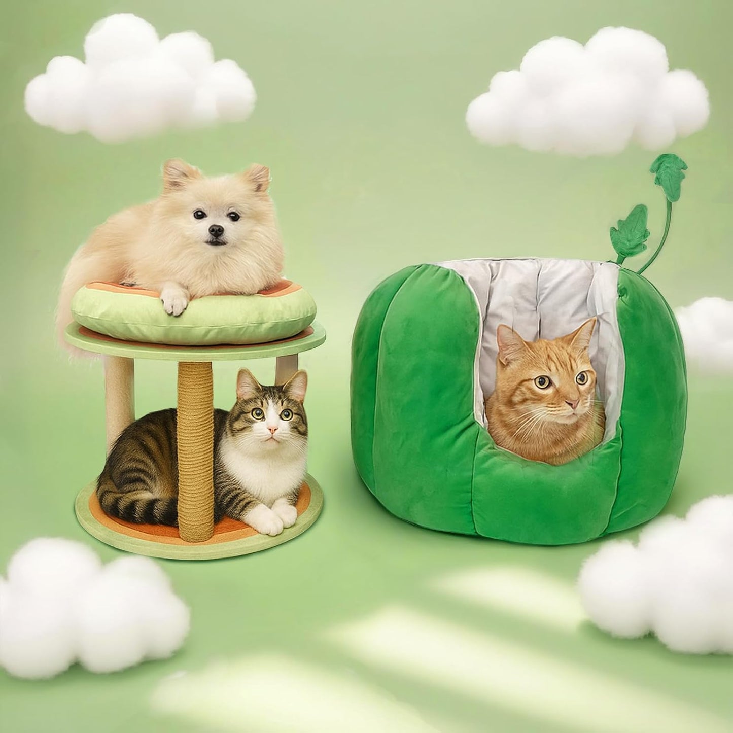 Cat Houses for Indoor Cats, Small Cat Tree with Sisal Ropes and Plush Perch, Cute Cat Bed Cave with Soft Pillow, Watermelon Design - Pet Explorer