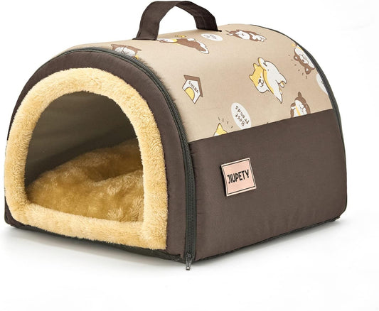 Jiupety Cozy Small Pet Dog House, 2 in 1 Puppy House, S Size for Cat and Puppy, Warm Cave Sleeping Nest for Cats and Dogs, S(15"×12"×11"), Up to 5.5 Lb, Brown - Pet Explorer