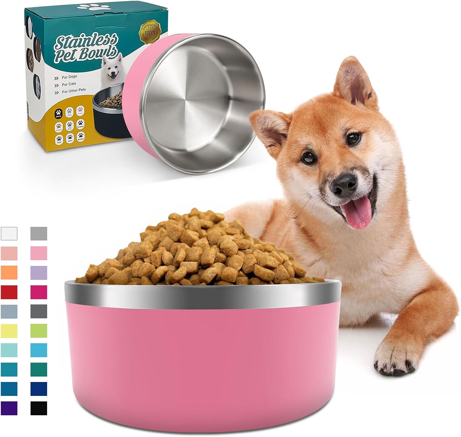 IKITCHEN Dog Bowl for Food and Water, 64 Oz Stainless Steel Pet Feeding Bowl, Durable Non-Skid Double Wall Insulated Heavy Duty with Rubber Bottom for Medium Large Dogs (64 Ounces/8 Cup, Pink) - Pet Explorer