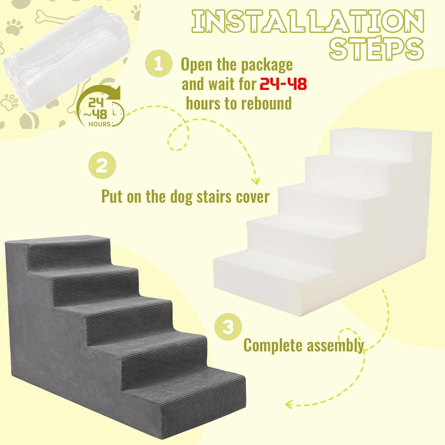 Niubya Dog Stairs for Small Dog and Cats,23”H Non-Slip Bottom Pet Steps for High Beds and Couch,High-Density Foam Pet Stairs Grey,5 Steps - Pet Explorer